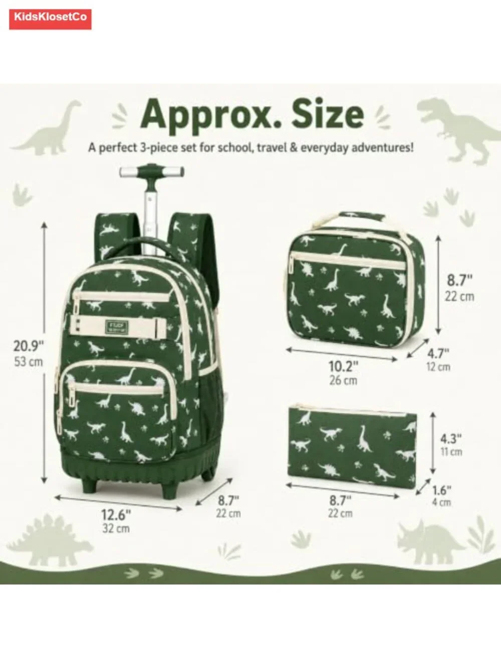 Dinosaur Rolling Backpack for Boys Wheeled Bookbag Water Resistant Polyester 3
